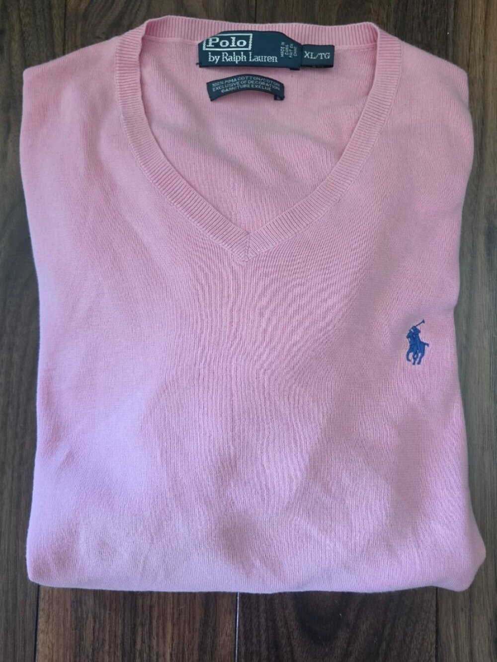 Polo Ralph Lauren Sweater Mens XL Pink Pima Cotton V-Neck Blue Pony Logo